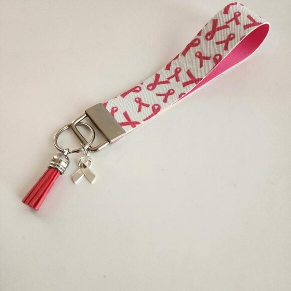Pink Ribbon Faux Leather Wristlet Keychain - Picture 5 of 6